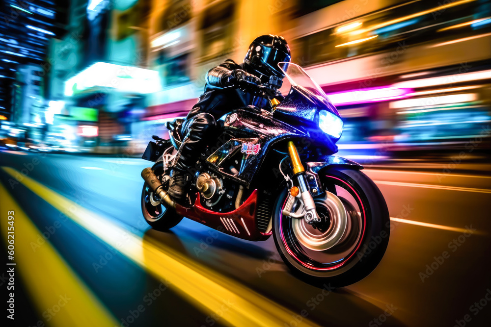 a motorcycle speeding through the empty streets of Tokyo at night, with the bright neon lights of the city on full display, long exposure - Generative AI