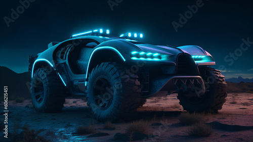 A futuristic atv vehicle with glowing lights in the desert Generative Ai