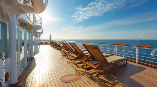 The expansive and pristine deck of a cruise ship, with rows of lounge chairs under a bright blue sky