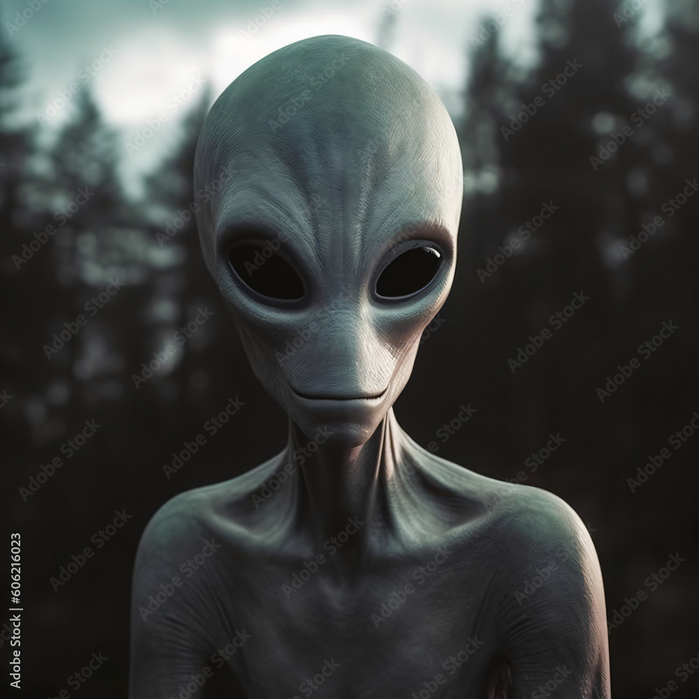 An alien standing in front of a forest Generative Ai An alien standing in front of a forest Generative Ai