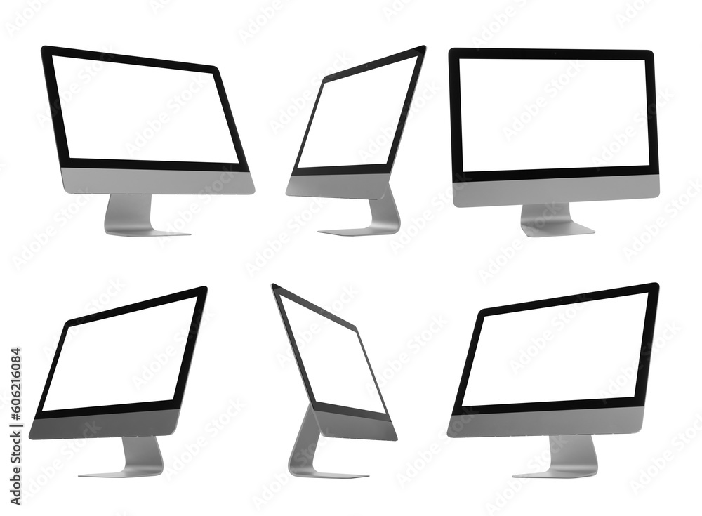 Collage design with computer monitor on white background, different sides Collage design with computer monitor on white background, different sides