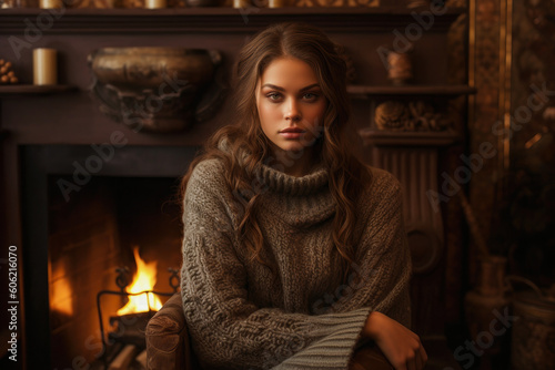 In the winter, a beautiful dreamy young woman sitting by the fireplace with brown hair and wearing a knit sweater. Generative AI © MVProductions