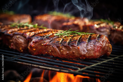 Barbecued grilled angus meat, rump steak, rump steak, flank steak, ancho steak, close-up. Generative AI.