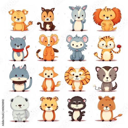 Cartoon cute animals for baby card and invitation. Vector illustration. Lion  dog  bunny  bear  panda  tiger  cat  fox. Generative AI.