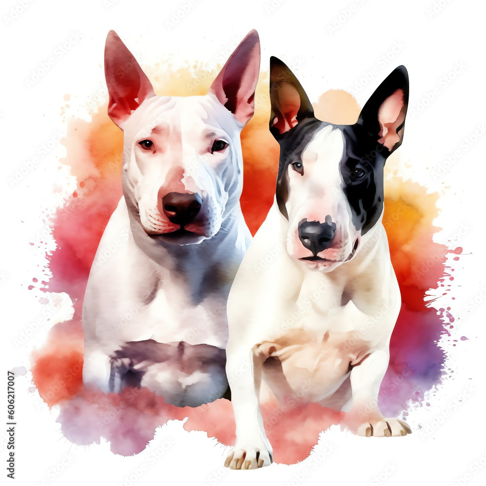 two english bull terrier dogs at sunset watercolor clipart in white background Generative AI.