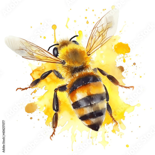 Generative AI watercolor illustrations of a honey bee on a white background