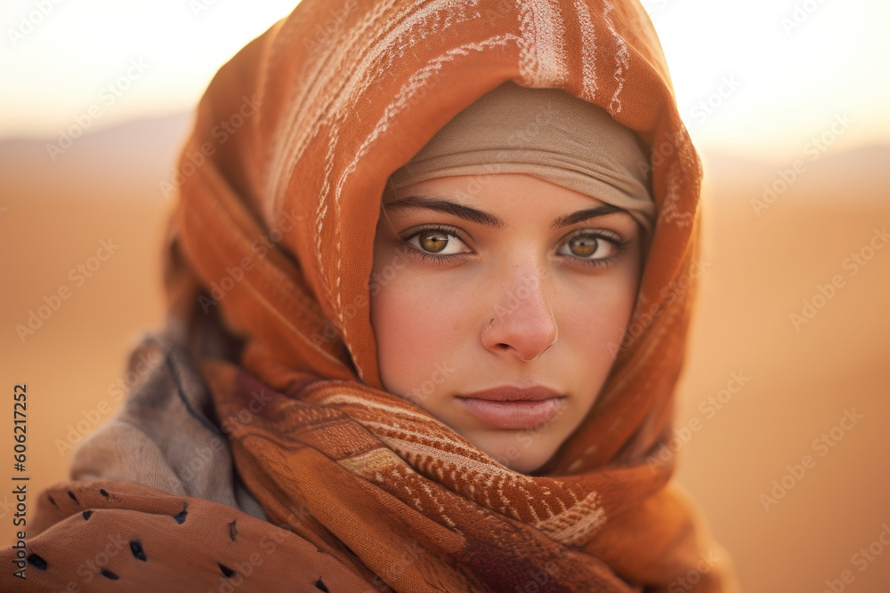 Native Woman with Head Scarf in Desert: Serene Desert Portrait
Native Woman with Head Scarf in Desert: Serene Desert Portrait