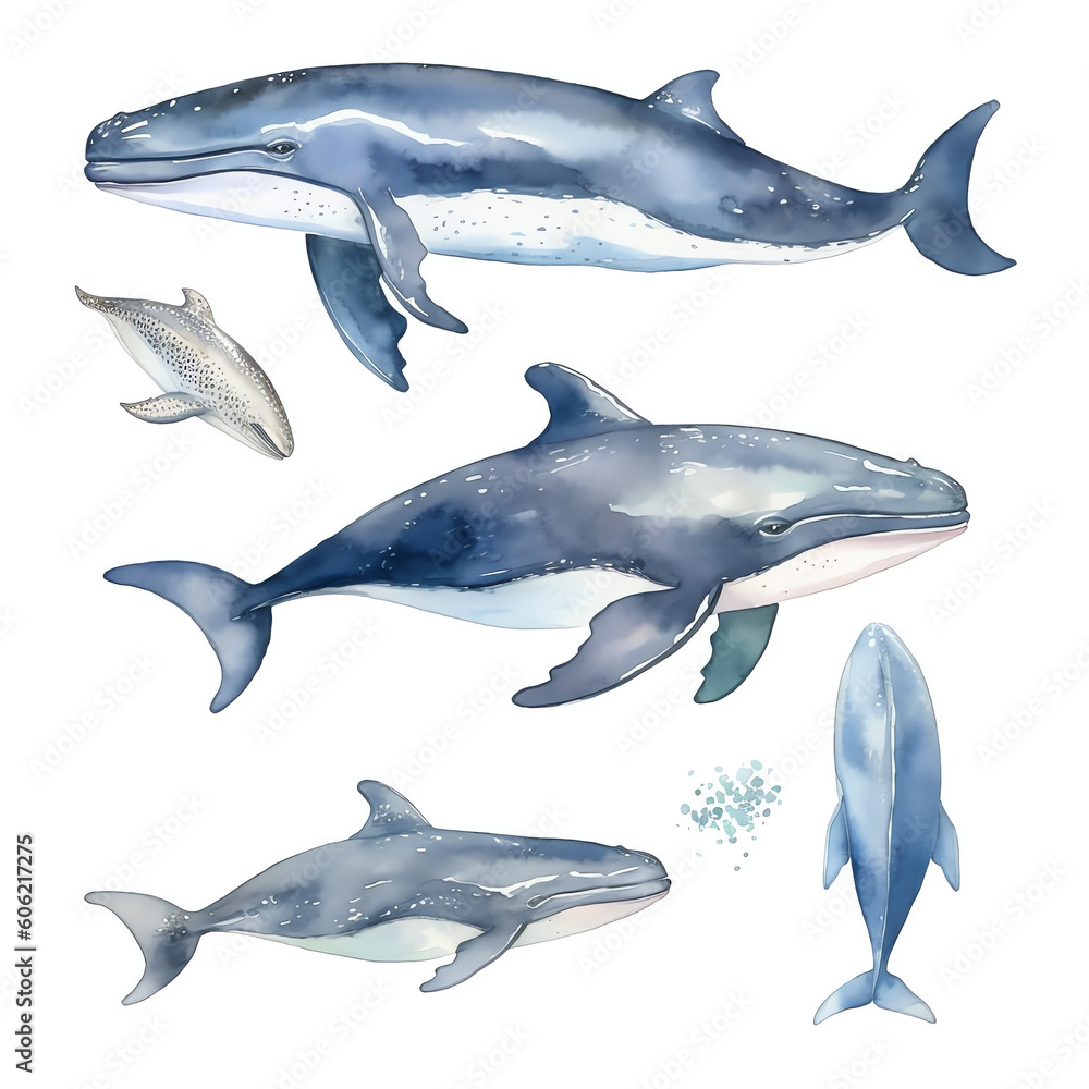Fototapeta premium Generative AI Watercolor whale on a white background. Beautiful blue whale. 52 hertz. Inhabitant in the waters of the oceans. Whale watercolor set. Ideal for postcard, book, poster, banner. 