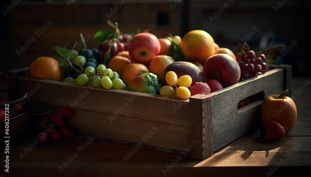 Abundance of fresh, organic fruit in rustic crate generated by AI Abundance of fresh, organic fruit in rustic crate generated by AI
