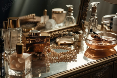 Dressing table with perfumes and pearl beads. Generative AI. © Сергей Косилко