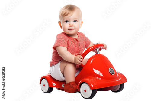 Baby on a toy car isolated on transparent or white background. Generative AI photo