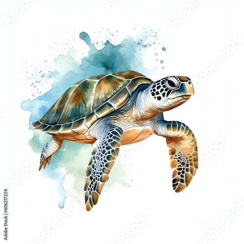 Generative AI sea turtle in watercolor style illustration