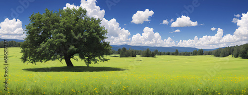 Pastoral scenery, grassland, panoramic view. generative AI illustration.