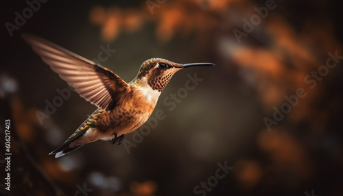 Hummingbird flapping wings, hovering mid air, vibrant colors generated by AI