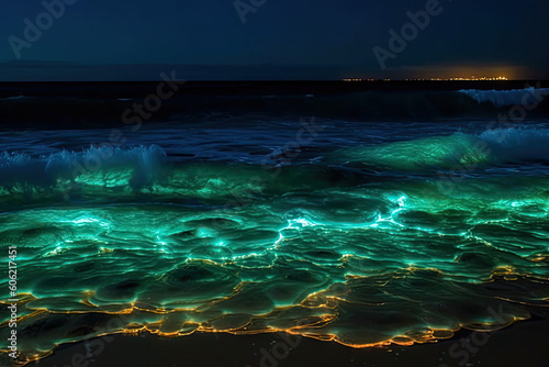 Bioluminescent plankton on the sea beach. Generative AI