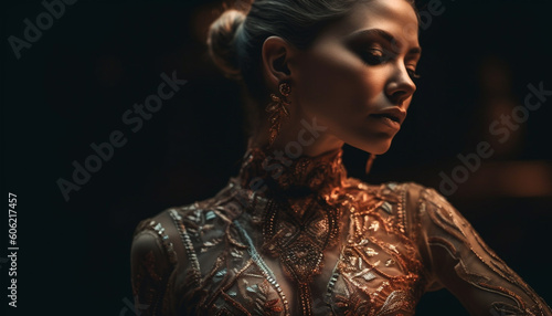 Elegant young woman in gold dress poses sensually generated by AI