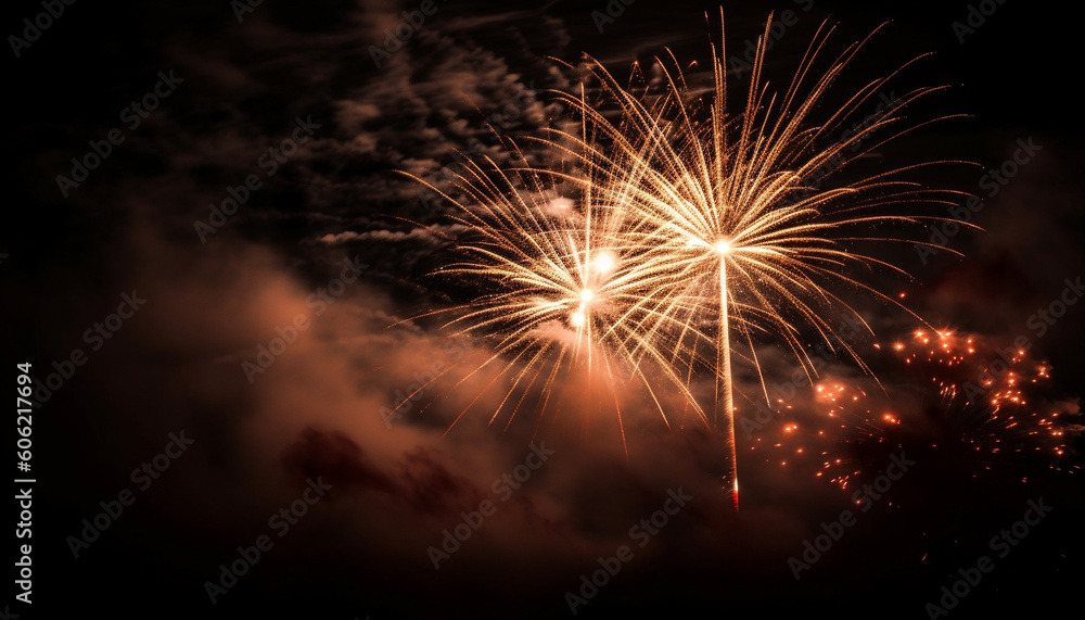 Glowing fireworks illuminate dark night sky exploding generated by AI Glowing fireworks illuminate dark night sky exploding generated by AI