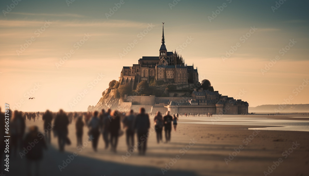 Obraz premium Silhouette of ancient cathedral back lit at dusk generated by AI