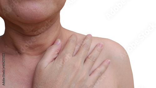 woman putting her hands on her chest.