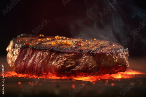 Juicy Angus steak or sirloin steak grilled over hot coals, sliced rare on a wooden board. Generative AI.
