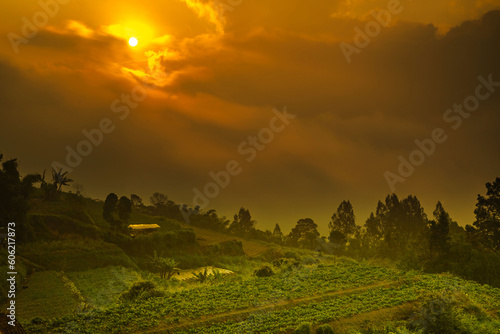 Hazy sunset over green village on the mountain slopes of Merbabu  Central Java  Indonesia.