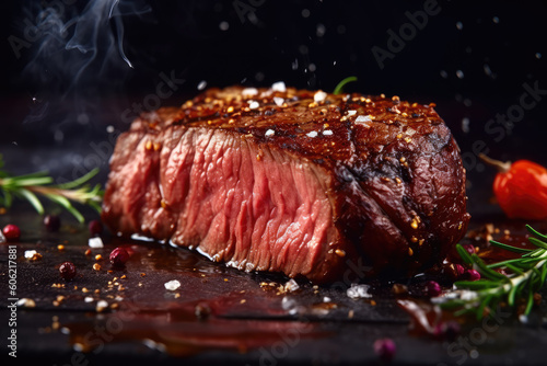 Juicy Angus steak or sirloin steak grilled over hot coals, sliced rare on a wooden board. Generative AI.
