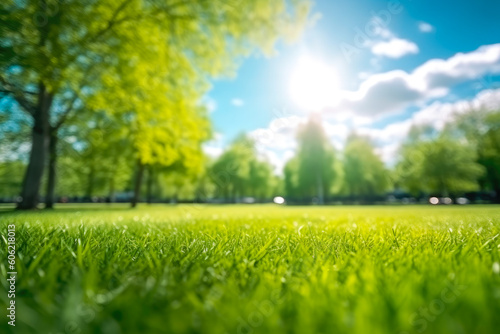 Beautiful blurred background image of spring nature with trimmed lawn surrounded by trees against a blue sky with clouds on a bright sunny day. Copyspace. Generative AI