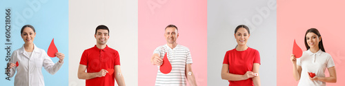 Obraz na plátne Collage of blood donors and doctor on color and light backgrounds