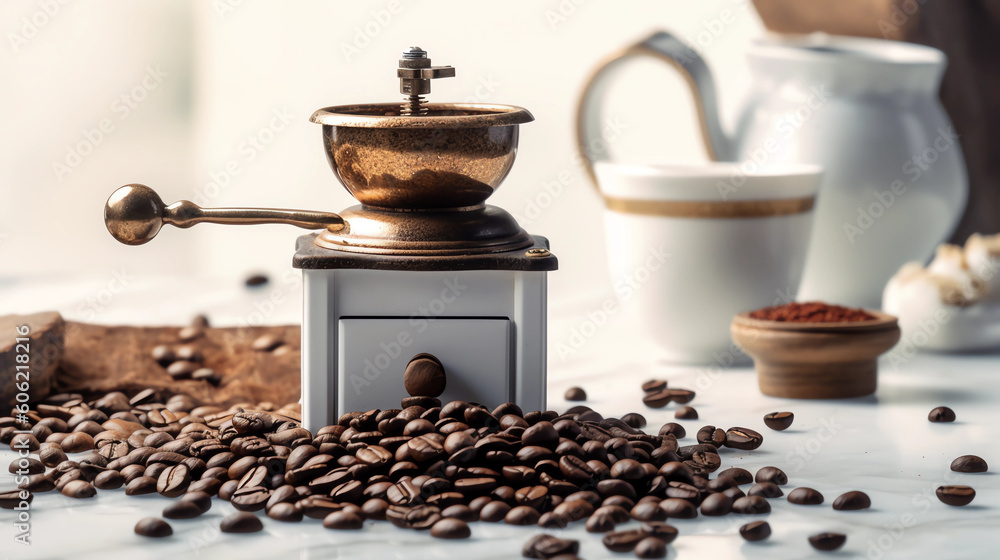 Coffee grinder. Coffee beans and a wooden grinder.