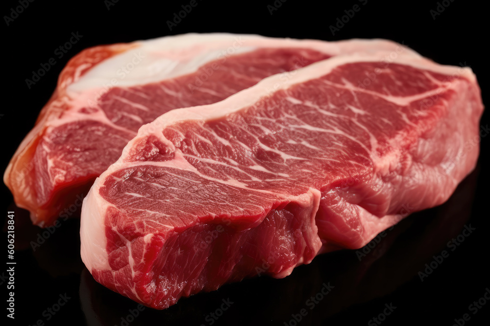 Fresh raw angus meat for barbecue on the grill, rump steak, on top of wooden board, close-up. Generative AI.
