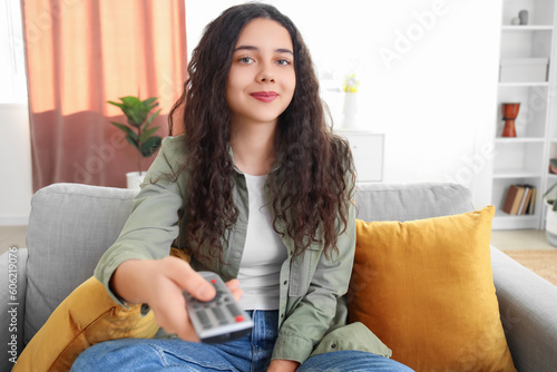 Teenage girl relaxing on so...