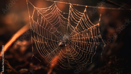 Spider spins dewy web, nature spooky trap generated by AI