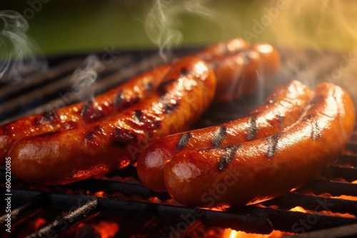 Barbecue sausage on the grill, barbecue party food. Generative AI.