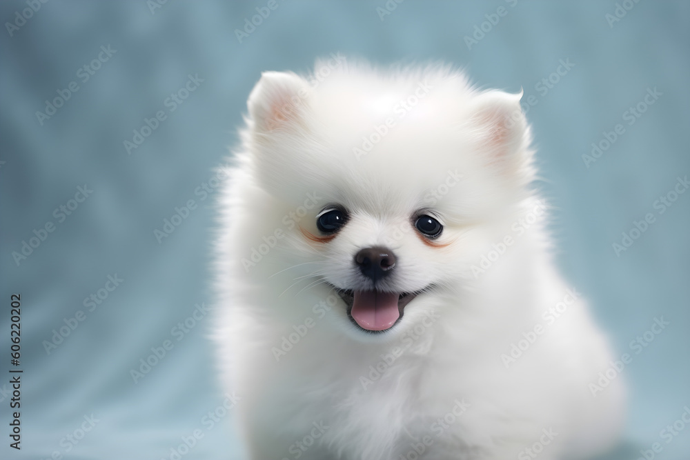 Cute white spitz puppy portrait studio shot