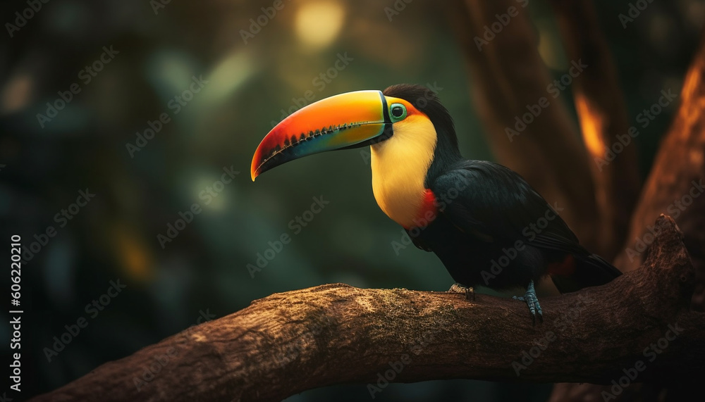 Naklejka premium Vibrant macaw perched on branch, feathers shining generated by AI