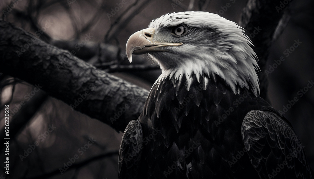 Fototapeta premium Bald eagle perching on branch, majestic hunter generated by AI