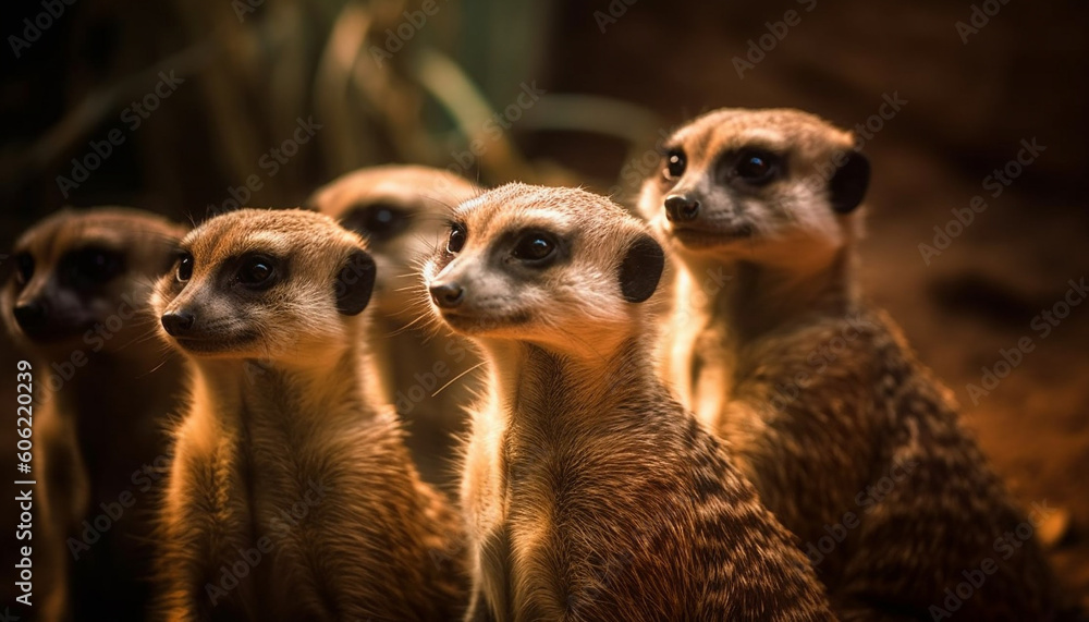 Small meerkats standing in a row, alert and cute generated by AI Small meerkats standing in a row, alert and cute generated by AI