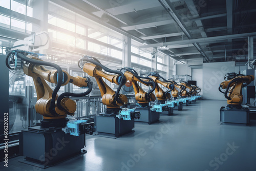 Robotic manufacturing automation. Robots on factory production line. Generative AI.