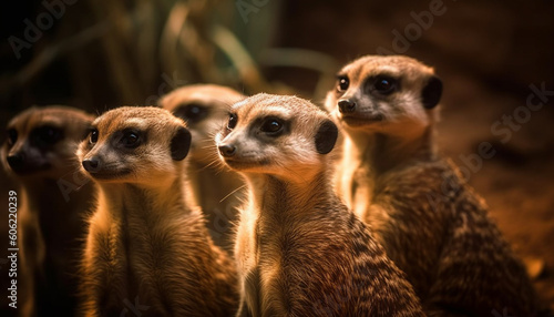 Small meerkats standing in a row, alert and cute generated by AI