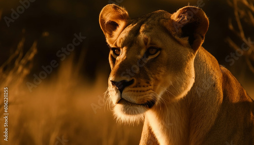 Majestic lioness walking in African savannah sunset generated by AI