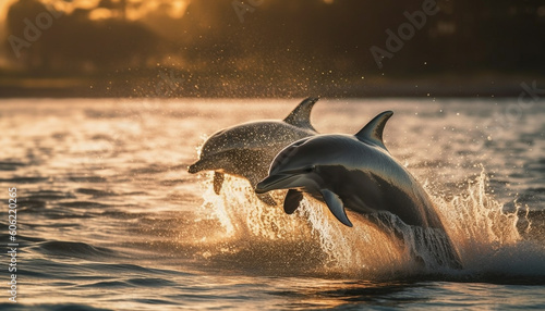 Fototapeta Playful dolphin jumping in the blue sea generated by AI
