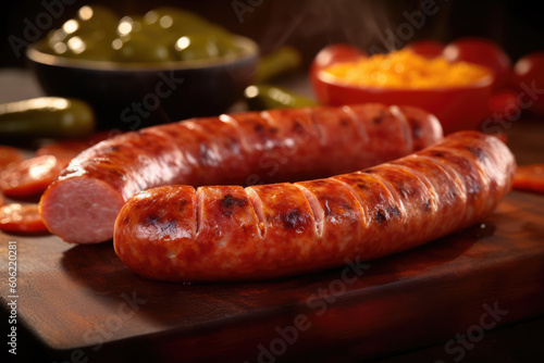 Barbecue sausage on skewers on the grill, barbecue party food. Generative AI.