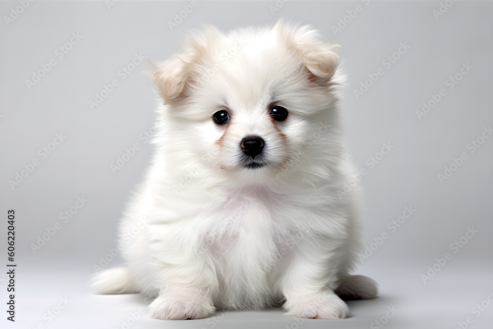 Cute fluffy white puppy portrait studio shot