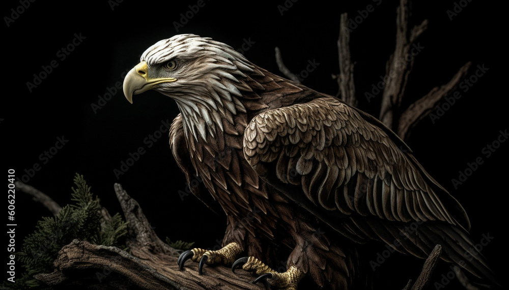 Fototapeta premium Majestic bald eagle perching on branch outdoors generated by AI