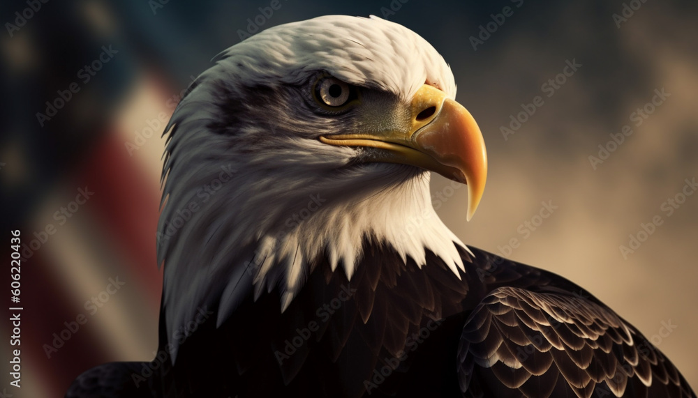 Fototapeta premium Majestic bald eagle perching, looking at camera generated by AI