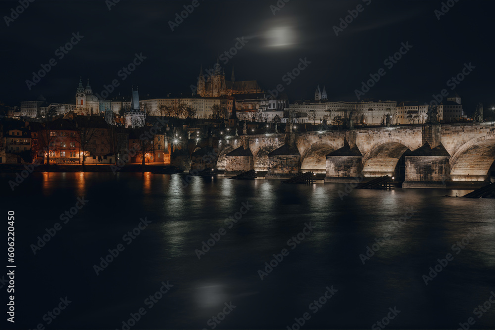 Moonlit Magic: Charles Bridge, Prague Castle, and Vltava River Reflections in Prague's Enchanting Night