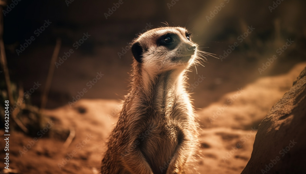Fototapeta premium Small meerkat standing alert, watching nature beauty generated by AI