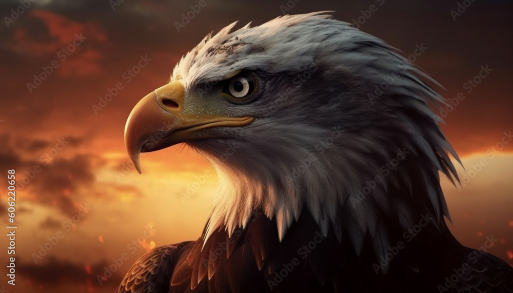 Obraz premium Majestic bird of prey soaring in sunset generated by AI