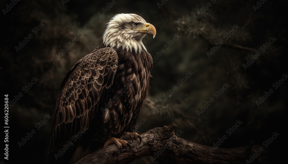 Majestic bald eagle perched on tree branch generated by AI Majestic bald eagle perched on tree branch generated by AI