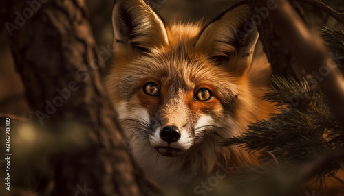 Red fox staring, alert in winter forest generated by AI